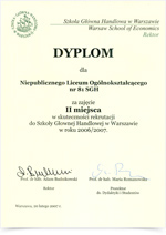 dyplom 1 dla Liceum SGH w Warszawie