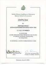 dyplom 2 dla Liceum SGH w Warszawie