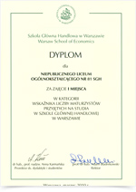dyplom 4 dla Liceum SGH w Warszawie