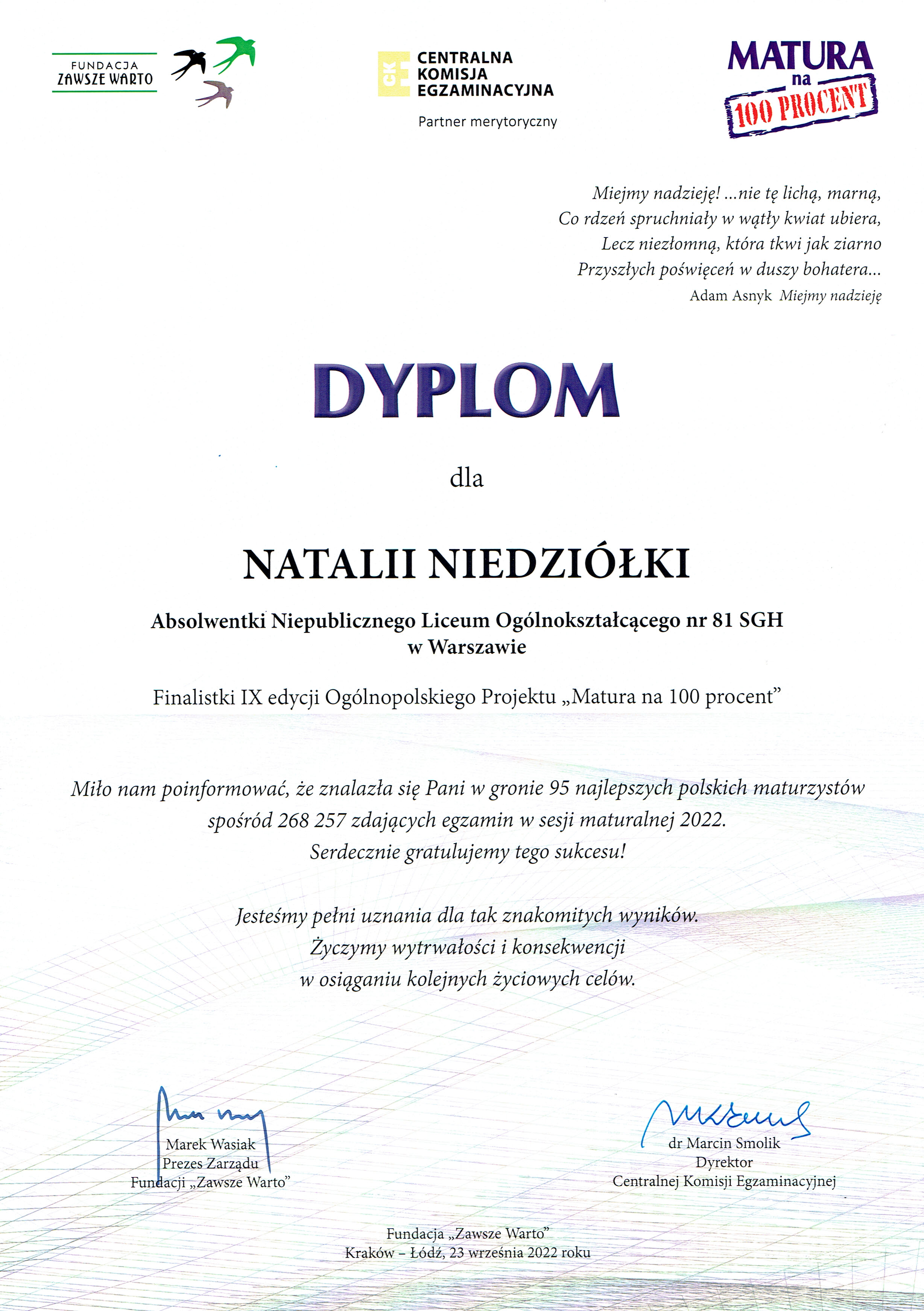 Dyplom dla Natalii Niedziółki